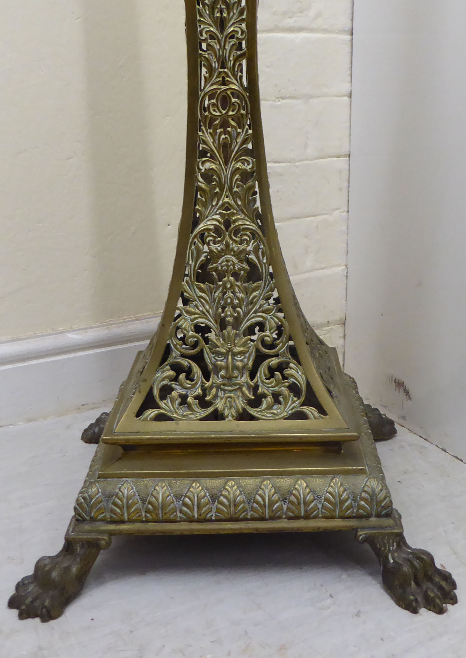 A late Victorian decoratively cast brass, square section lamp standard with a reservoir, - Image 2 of 5