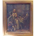 Mid 19thC British School - an interior scene, figures in conversation oil on board 6'' x 4.