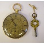 An 18ct gold cased fob watch with engine turned decoration, faced by a finely engraved Roman dial,