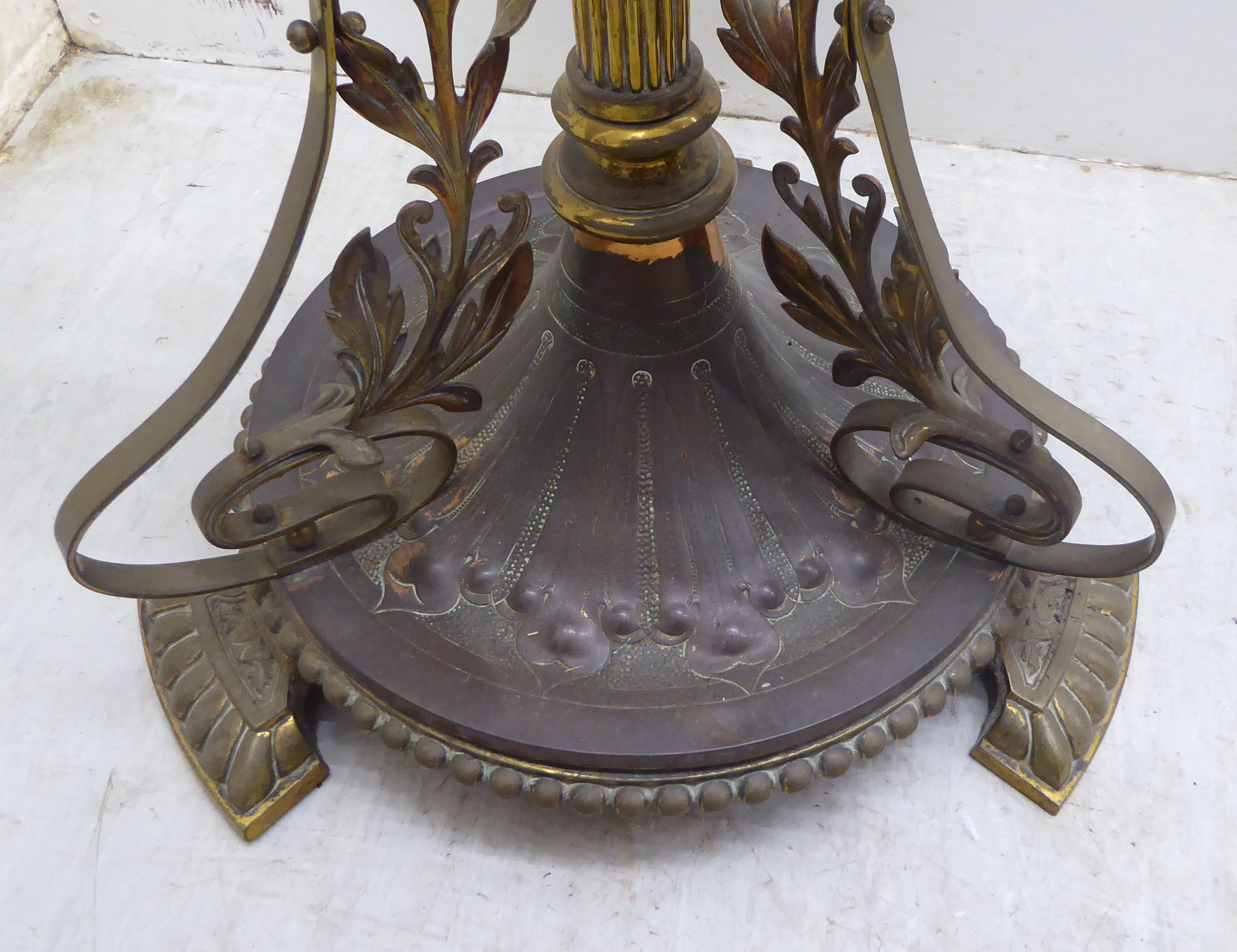 A late Victorian copper and brass lamp standard with a reservoir, over a height adjustable column, - Image 5 of 5