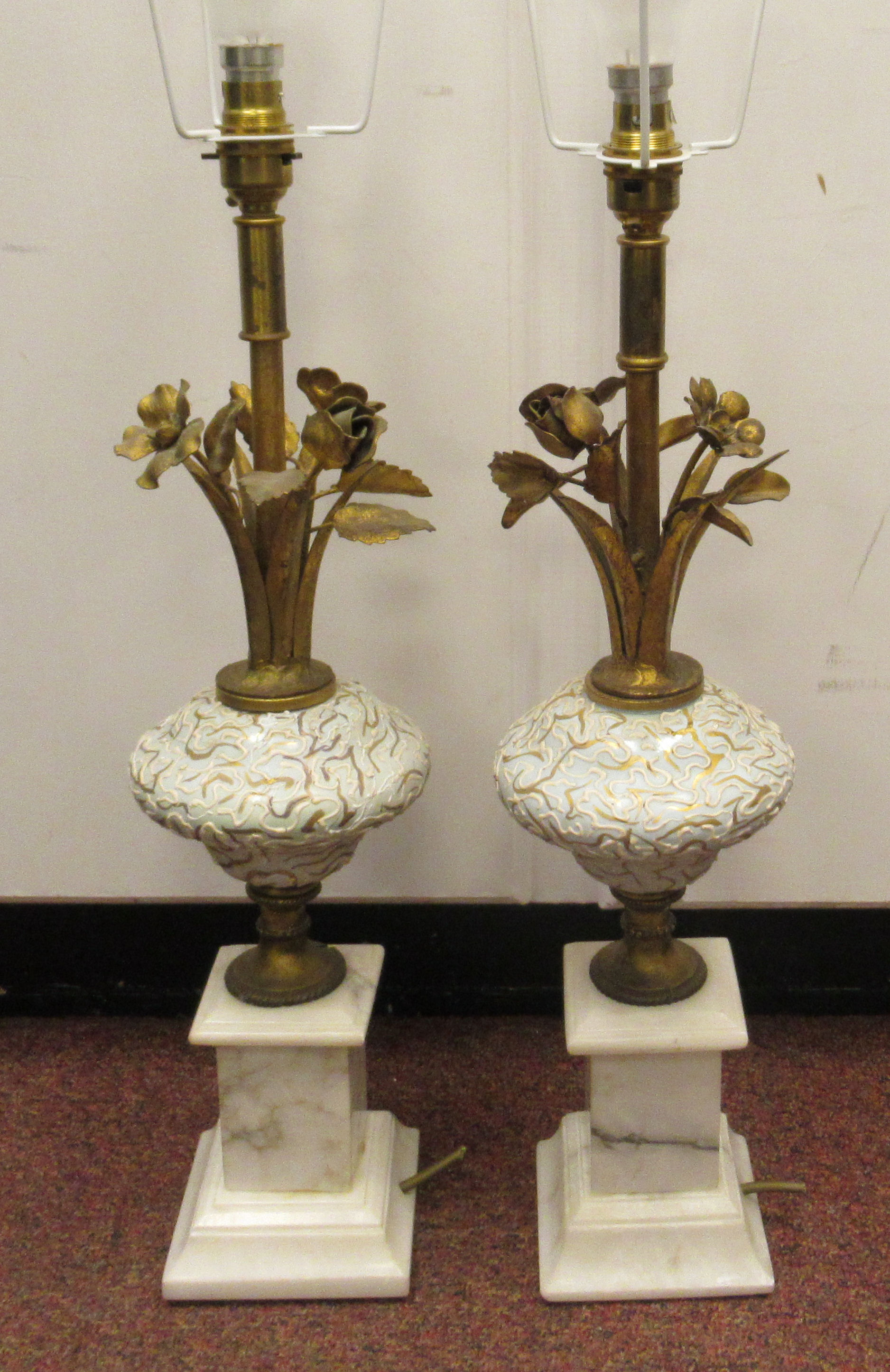 A pair of modern table lamps, each comprising a naturalistically fashioned gilt metal, - Image 2 of 9