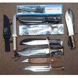 Six various survival/hunting knives with associated sheaths