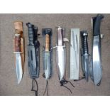 Six various hunting knives with associated sheaths