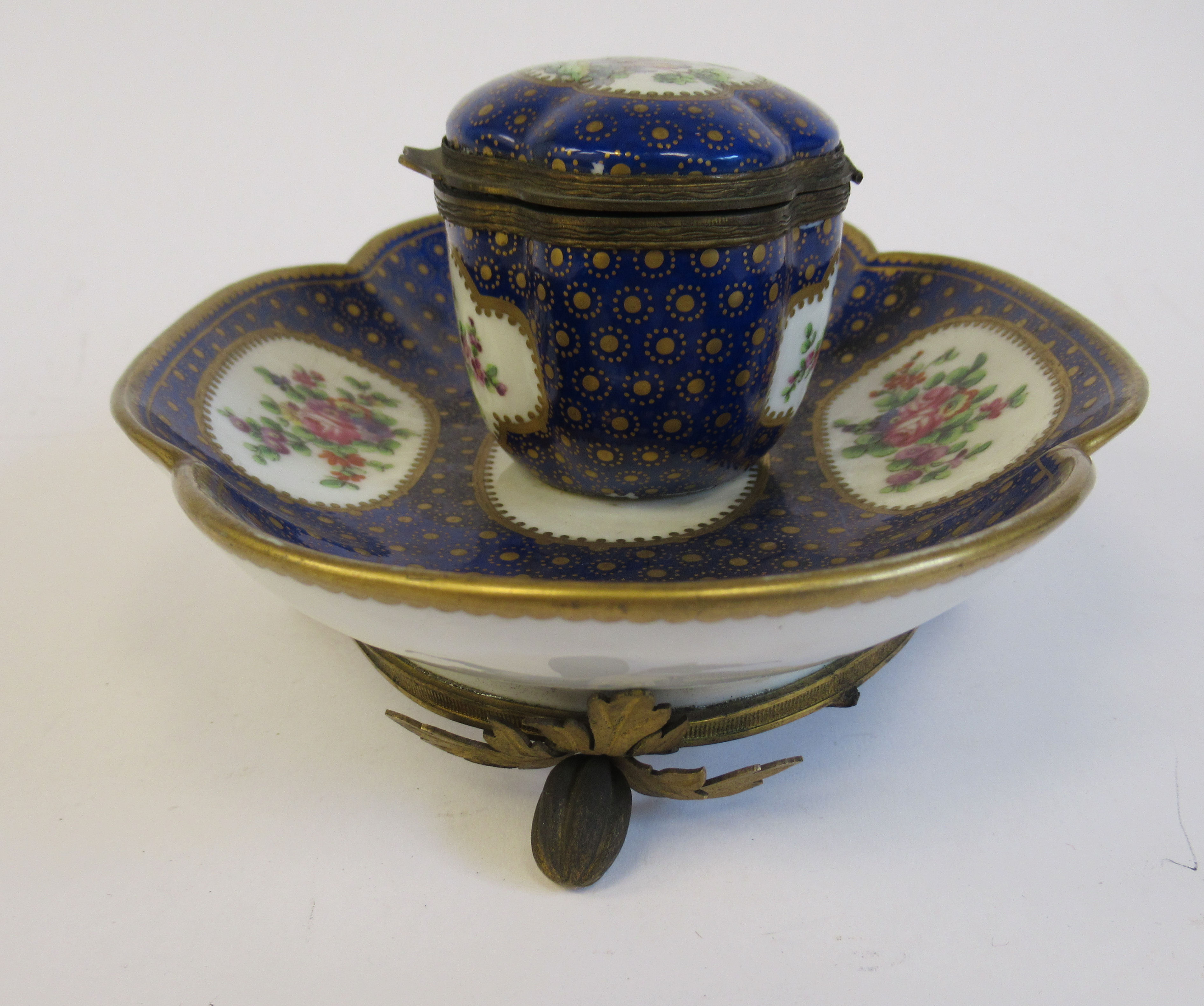 A 19thC Continental gilt metal mounted porcelain inkstand, attached to a lobed, oval saucer, - Image 2 of 8