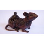 An Oriental cast and patinated bronze censer and cover, fashioned as a seated rodent,