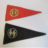 Two World War II German military embroidered pennants, one red,