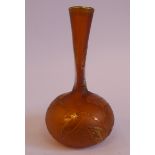A Daum semi-opaque textured old gold coloured glass bottle vase of bulbous form, having a long,