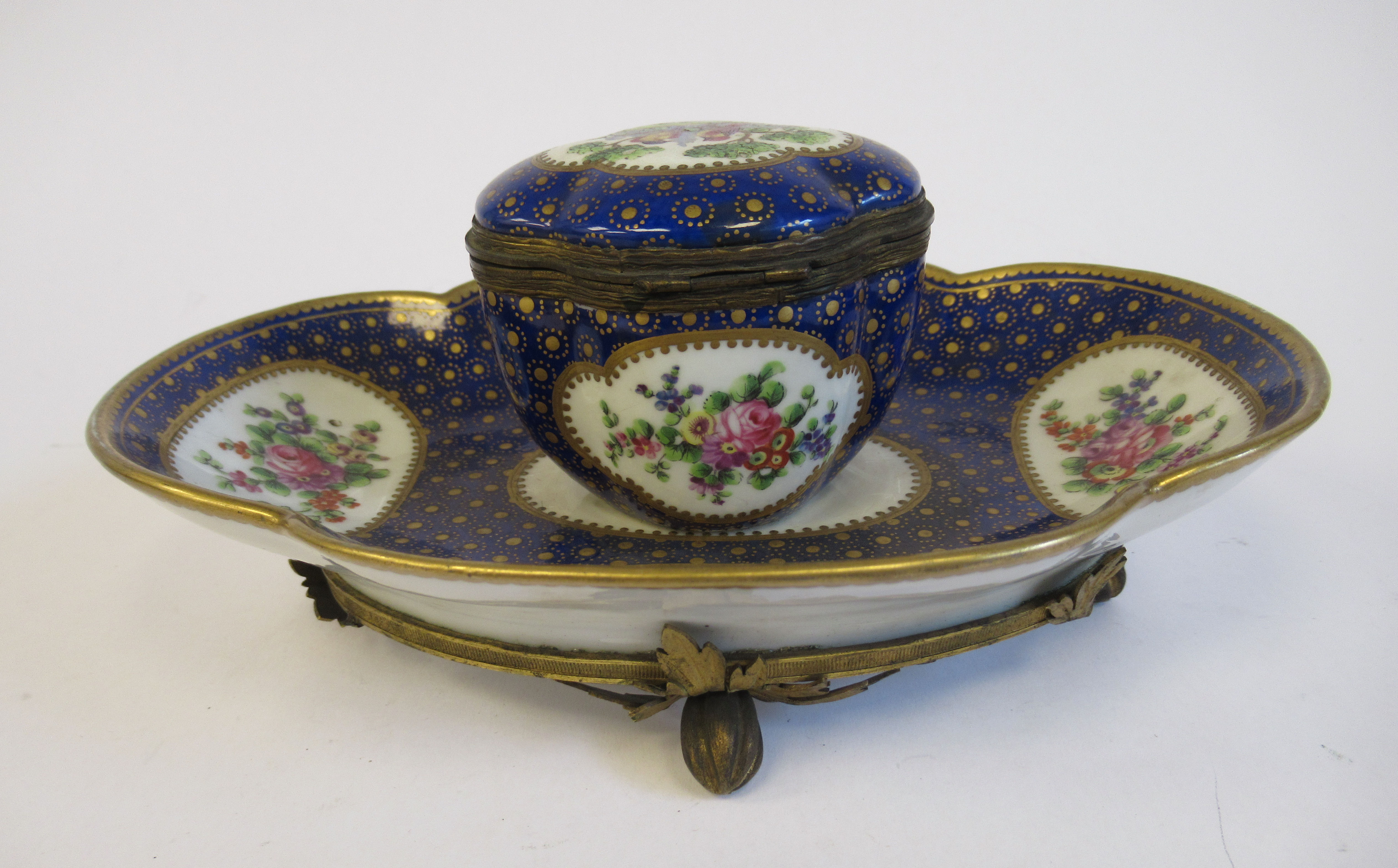 A 19thC Continental gilt metal mounted porcelain inkstand, attached to a lobed, oval saucer, - Image 3 of 8