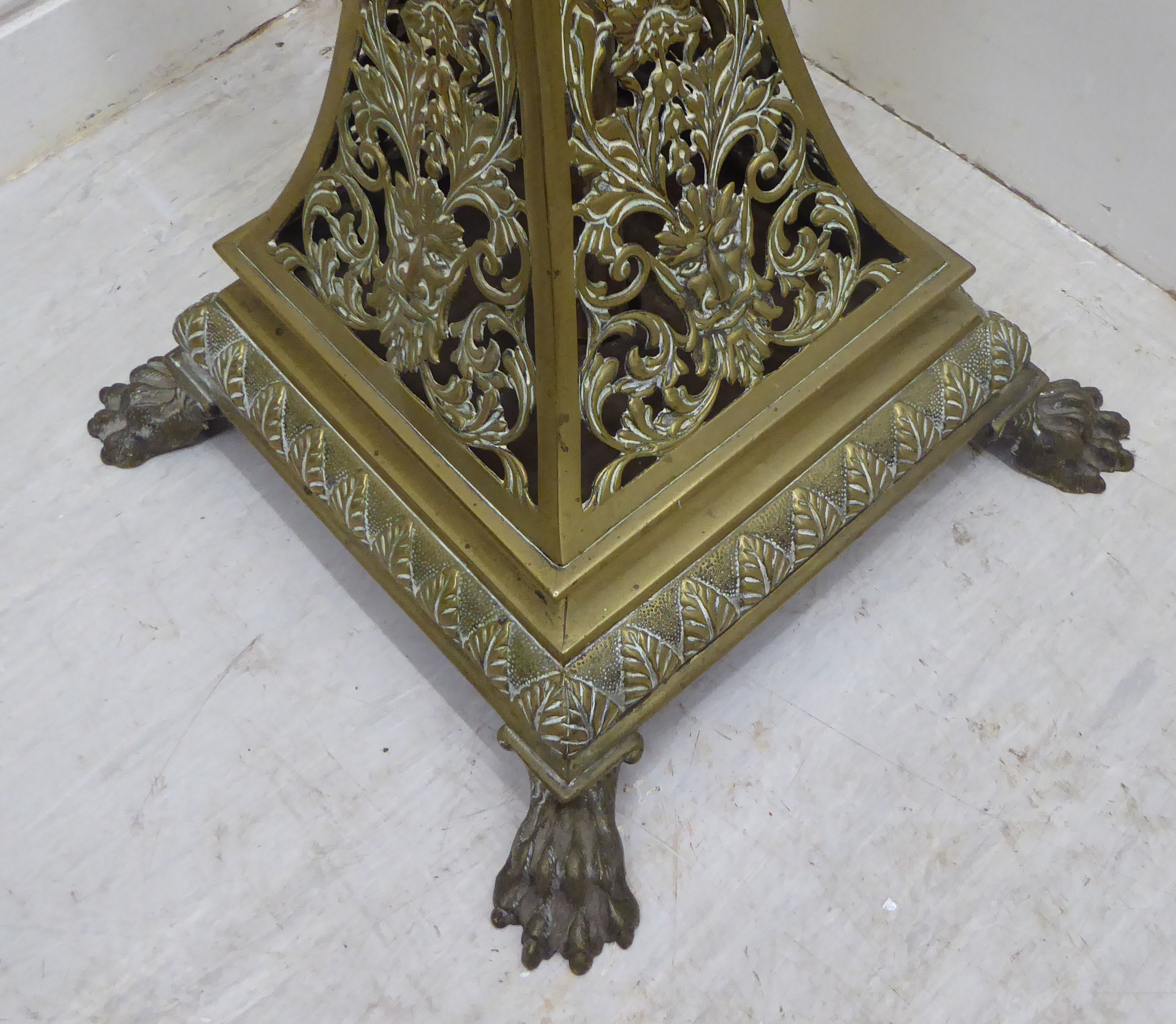 A late Victorian decoratively cast brass, square section lamp standard with a reservoir, - Image 5 of 5