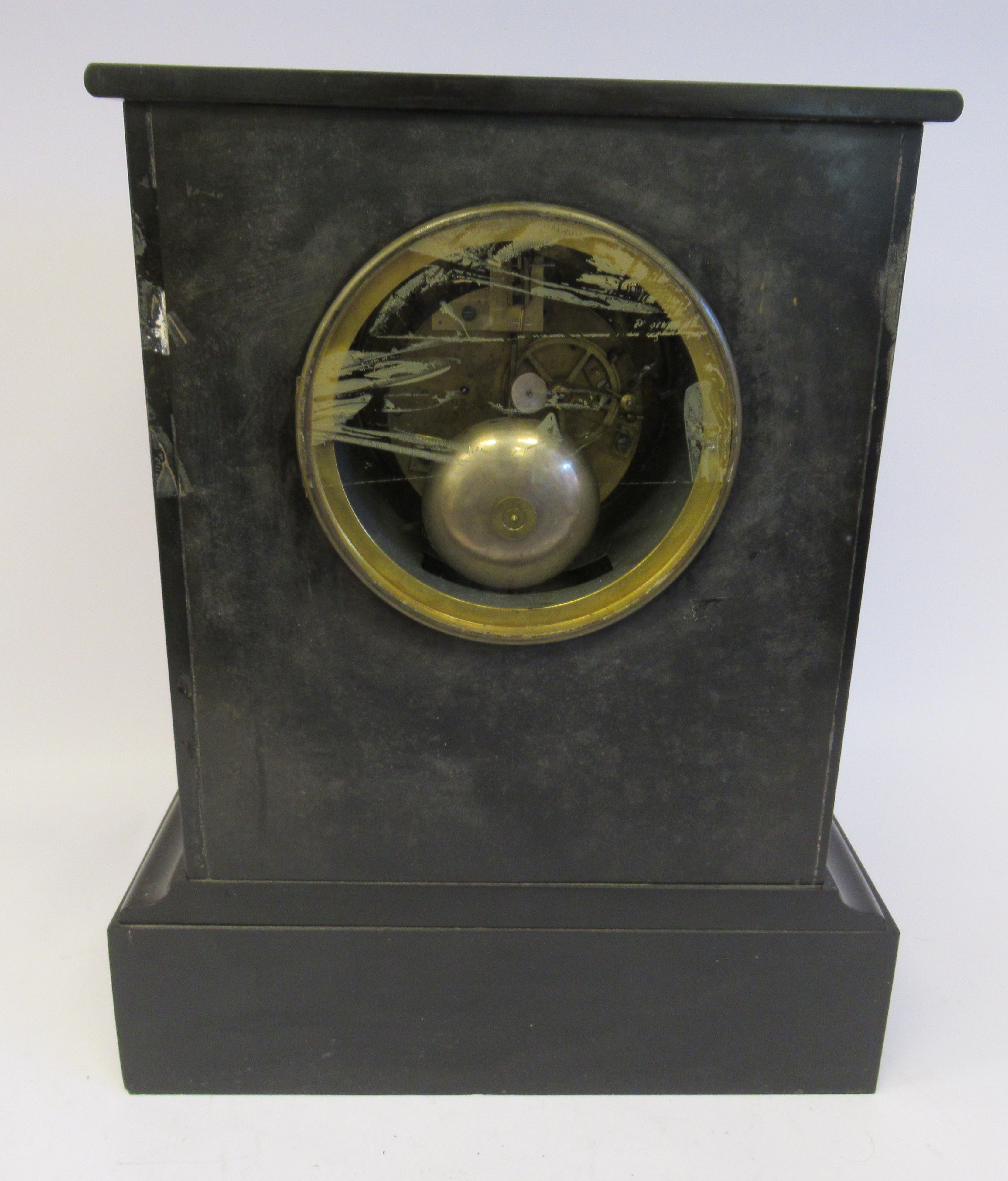 A late Victorian black slate cased breakfront mantel clock with a flat top and straight sides, - Image 3 of 6