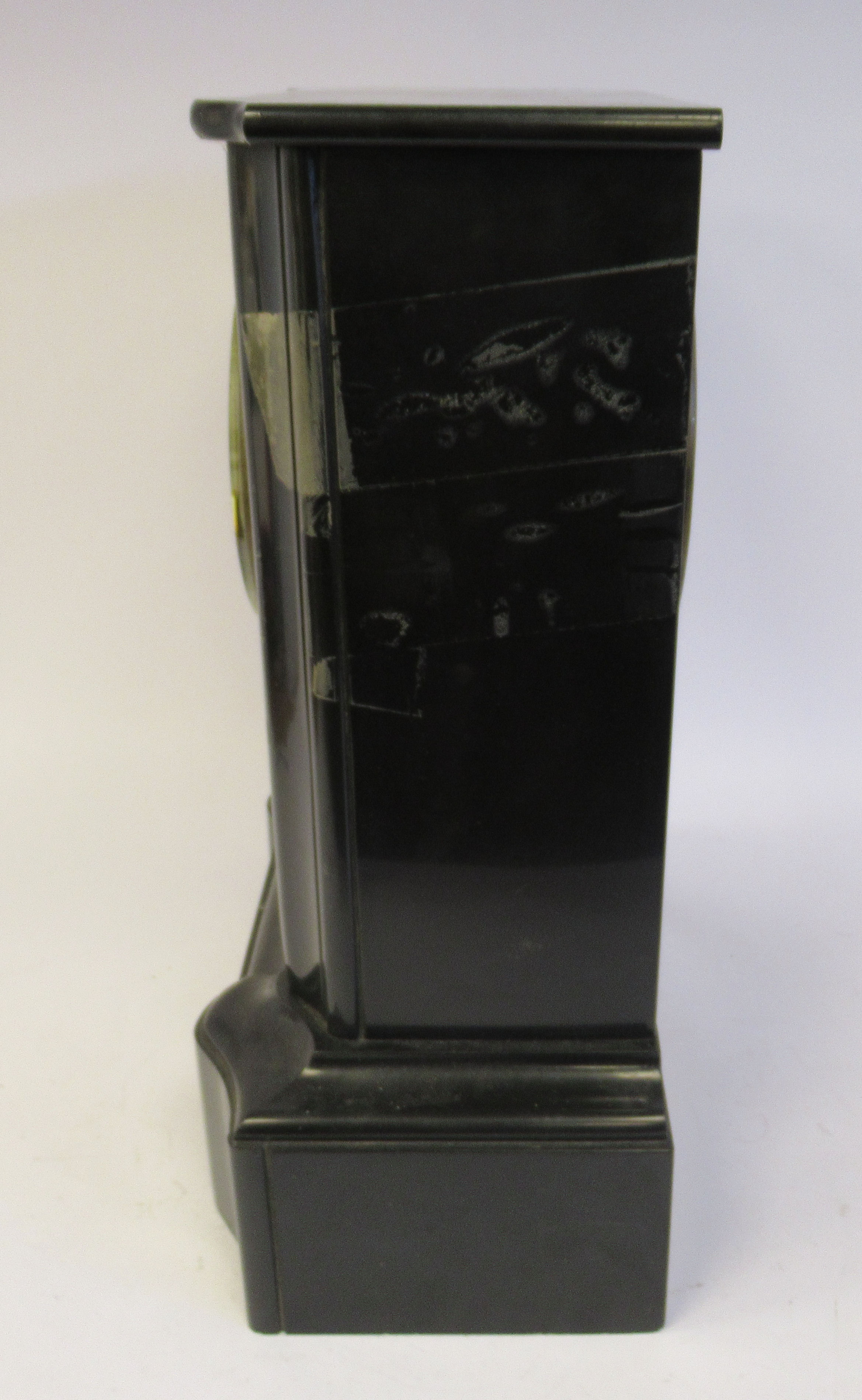 A late Victorian black slate cased breakfront mantel clock with a flat top and straight sides, - Image 4 of 6