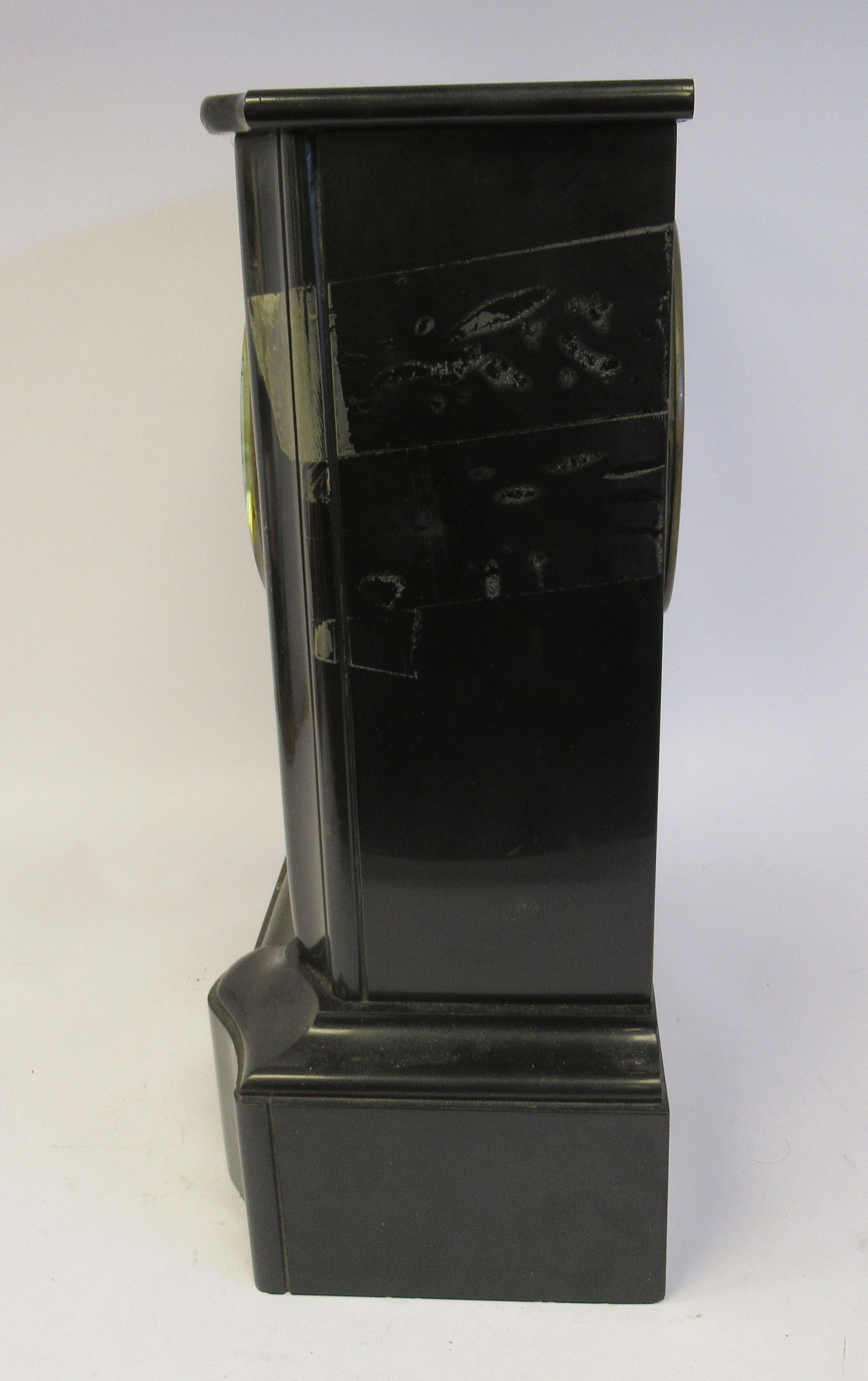 A late Victorian black slate cased breakfront mantel clock with a flat top and straight sides, - Image 2 of 6