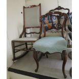 Three Edwardian chairs: to include a stained beech showwood framed rocking chair,