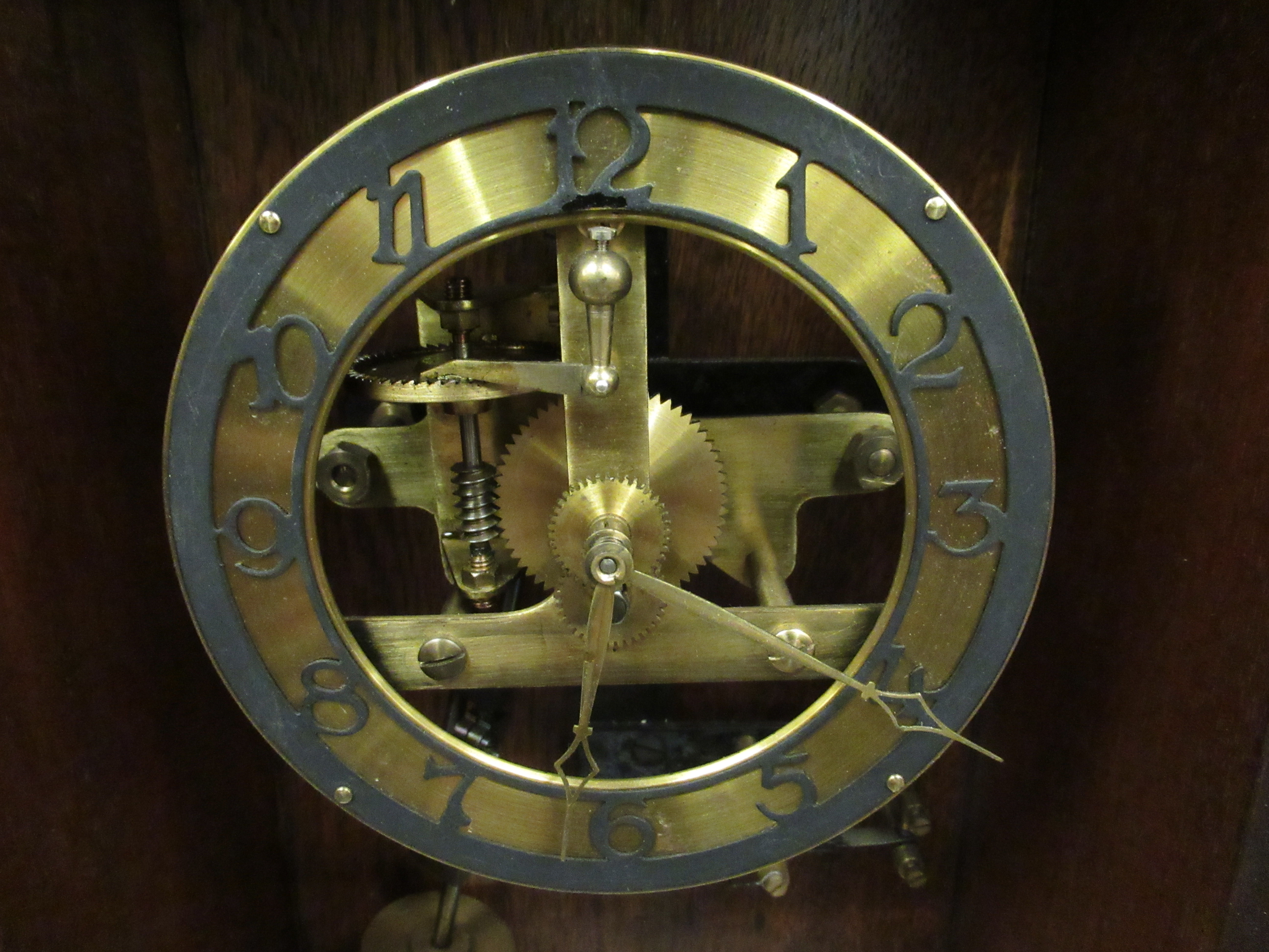 An early 20thC stained oak timepiece; - Image 2 of 4