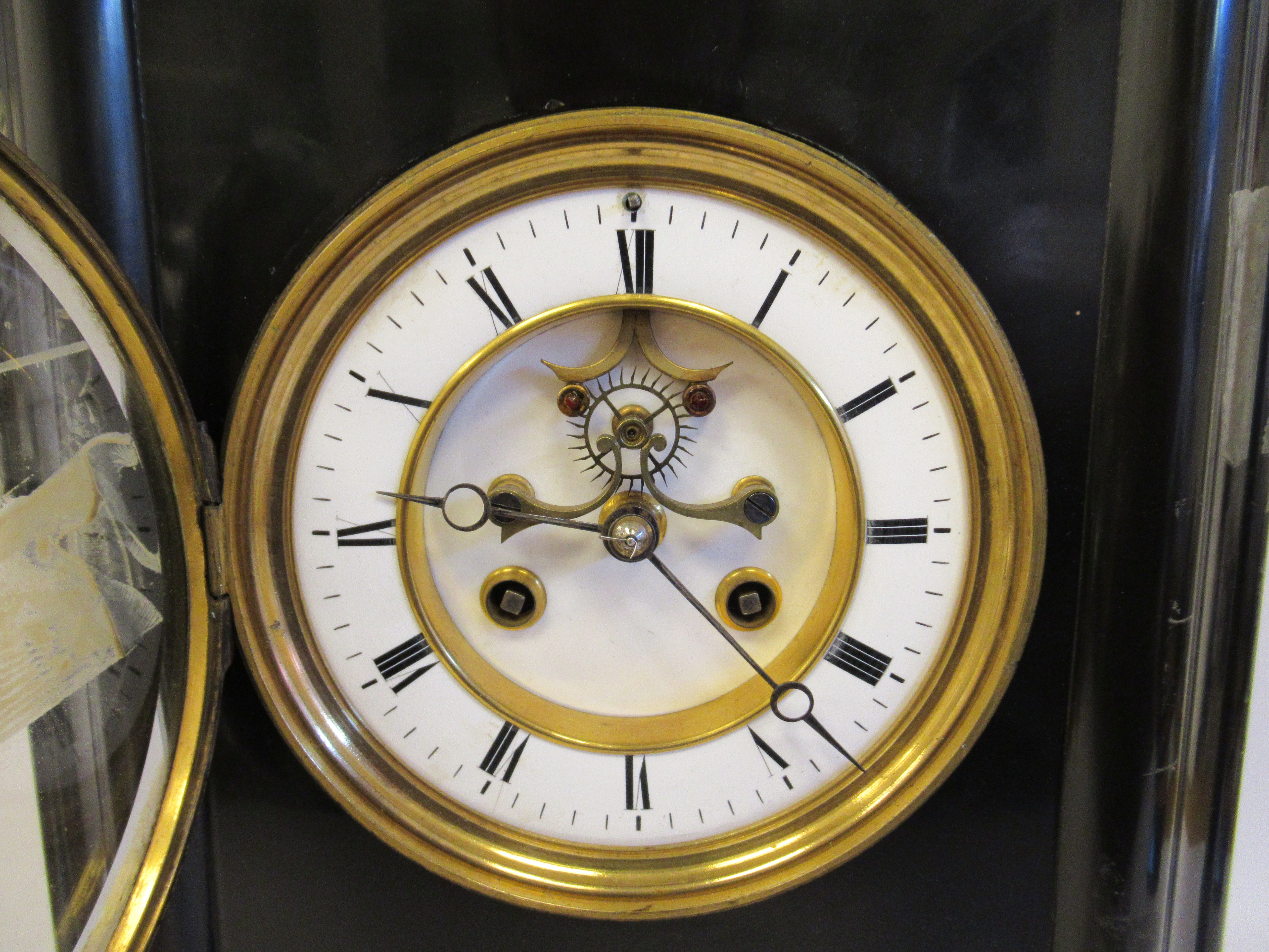 A late Victorian black slate cased breakfront mantel clock with a flat top and straight sides, - Image 5 of 6