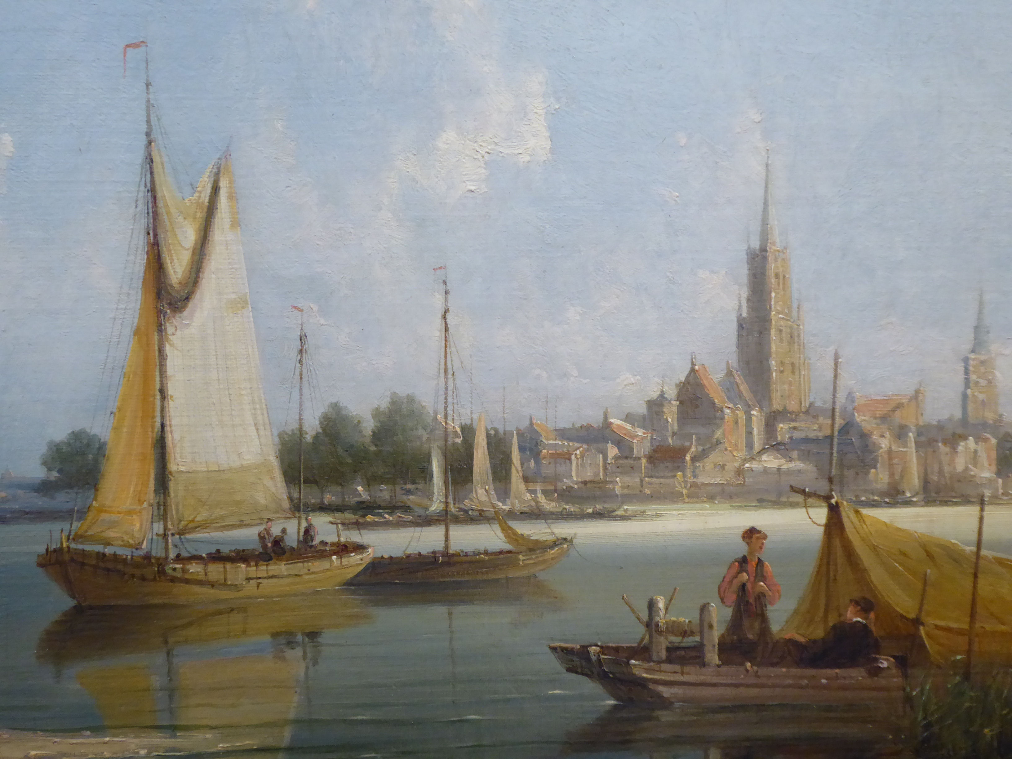 WR Dommersen - 'Schieldamn on the Sheldt' a river scene with small sailing vessels and figures and - Image 2 of 5