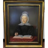 A head and shoulders portrait, a 19thC Dutch woman wearing a lace bonnet,