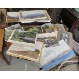 An uncollated folio of mainly watercolours: to include portraits, landscapes and seascapes,