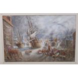H Newton - a harbour shoreline scene with figures in the foreground watercolour bears a signature