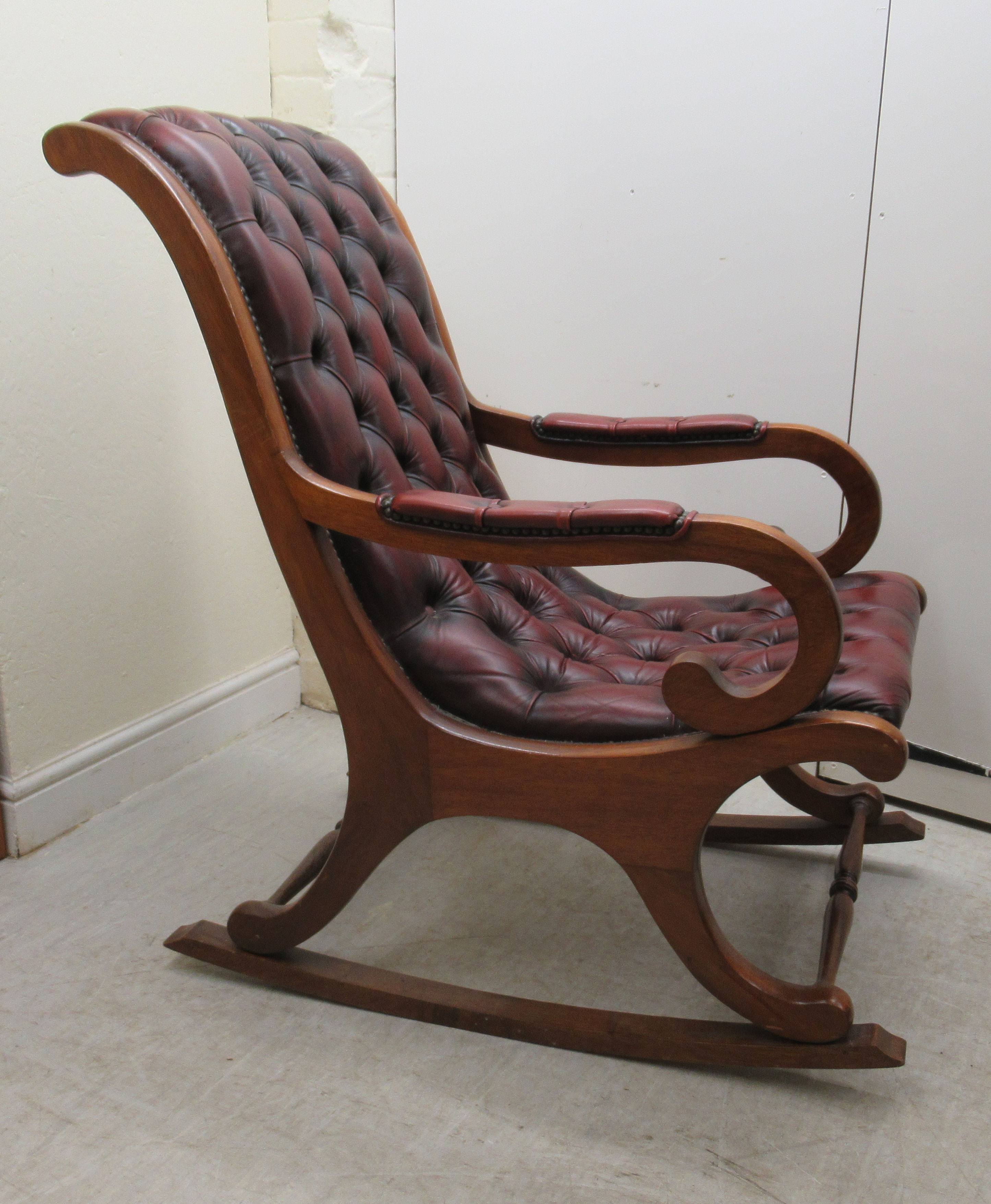 A Victorian style mahogany framed rocking chair with open, scrolled arms, - Image 2 of 4