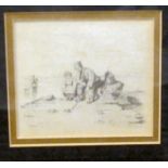 F Bellingham - a father and daughter crabbing on a beach pencil bears a signature 4'' x 3.