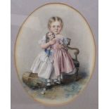 KA Drake - a girl wearing a dress, holding a doll watercolour bears a signature & dated 1850 9.