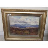 G Drummond Fish - a barren highland landscape with grazing sheep watercolour bears a signature