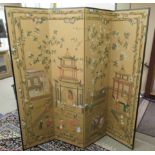 A modern Chinese printed and overpainted four-fold room screen,