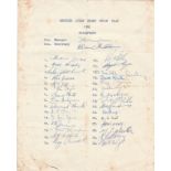 Team Members Autograph Sheet British Isles Rugby Union Team 1962Signed by 30 players and staff,
