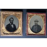 [ANONYMOUS] Five portraits of men, one in a uniform, one wearing a hat.Three ambrotype portraits