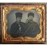 [ANONYMOUS] Double portrait of woman and two men with hunting gunsFine daguerreotype of a woman