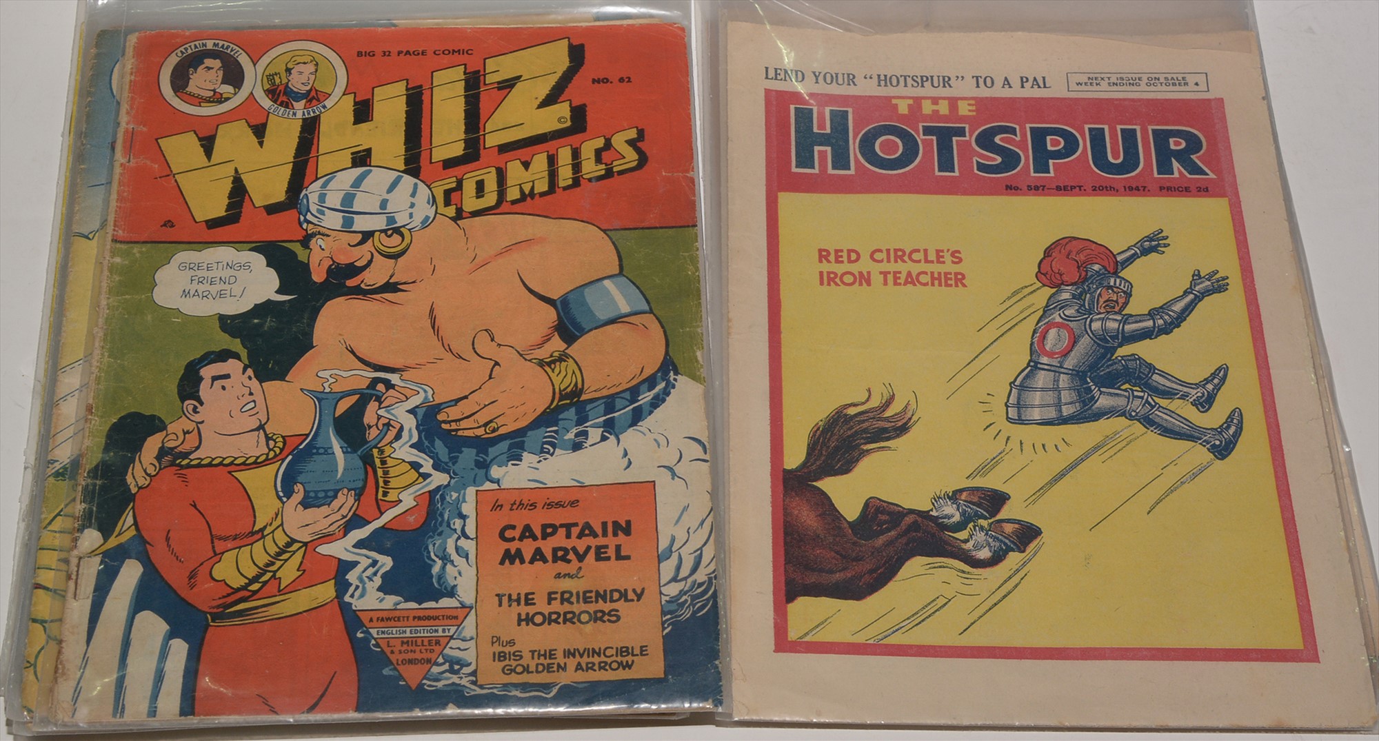 The Wizard 1946/57 (x 3); The Hotspur No. 587, September 1947. (4), also Whizz Comics (L. Miller)