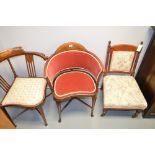 An Edwardian inlaid mahogany corner occasional chair; an inlaid occasional elbow chair with kidney-