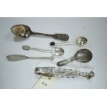 Silver tongs, caddy spoon and other items