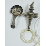 Silver caddy spoon and childs whistle/teether