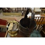 A 19th century coopered log bucket and brass coal scuttle