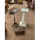 A mahogany wine table, domed box and kettle stand.