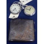 Silver cigarette case and two pocket watches