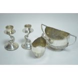 Silver jug, sugar bowl and candle sticks