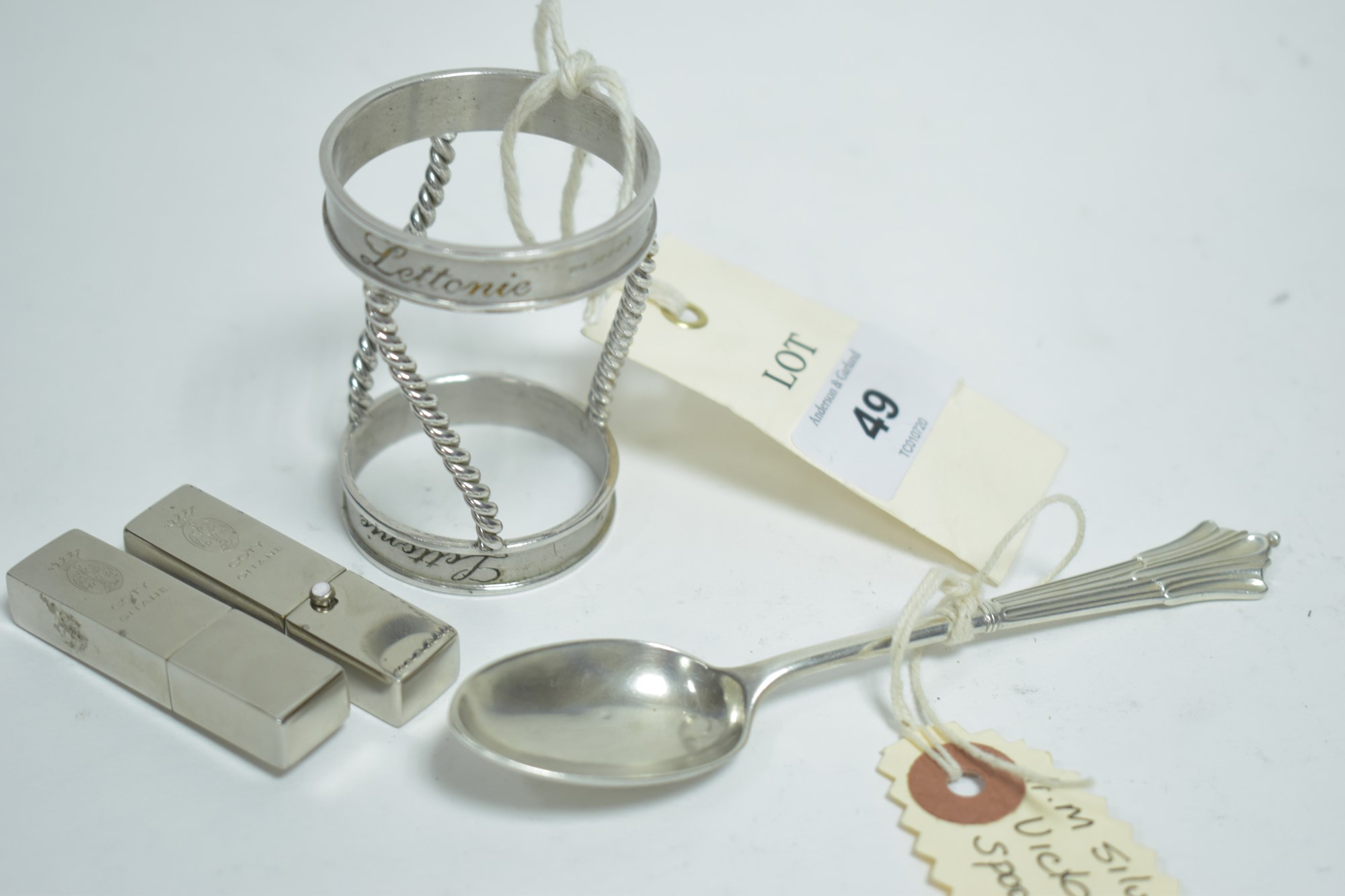 Silver egg cup / Silver spoon and metal lipstick holder