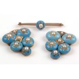Turquoise enamel and pearl fur clips and brooch