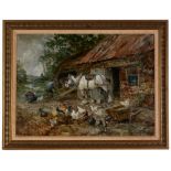 John Falconar Slater - a farmyard scene with a carter harnessing a horse