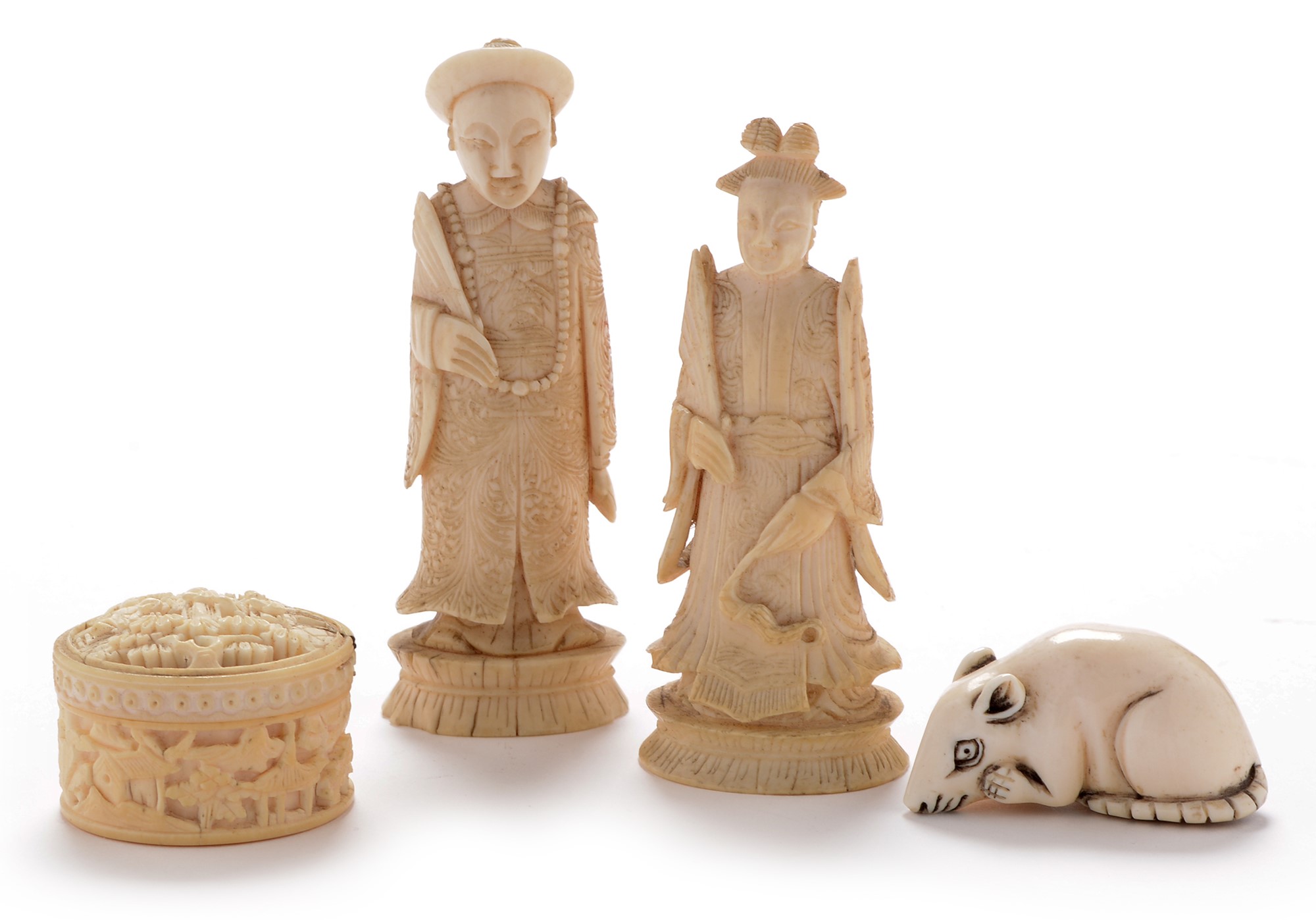 Two Canton ivory chess pieces; small Chinese ivory box; and a netsuke.