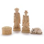 Two Canton ivory chess pieces; small Chinese ivory box; and a netsuke.