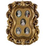 19th Century British School - miniature bust portraits of an army officer, his wife and daughters,