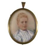 V* D* A miniature bust portrait of an auburn-haired woman wearing a white blouse, indistinctly