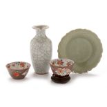 Celadon plate, two tea bowls, crackle glaze vase