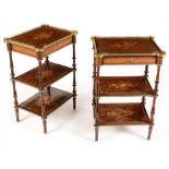 French 19th Century burr walnut and stained beech three-tier side tables