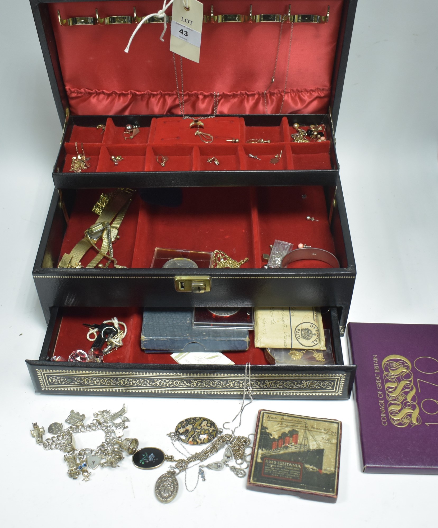 A box of costume jewellery and coins