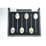 Cased set of silver and enamel coffee spoons
